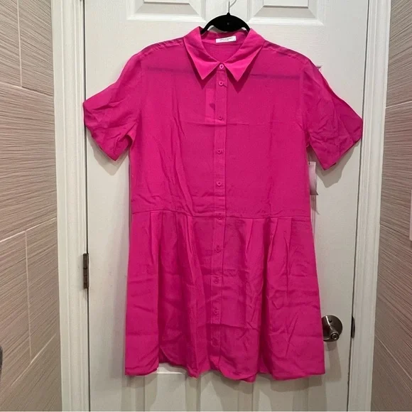 NWT EQUIPMENT Hot Pink Silk Mini Button-down Dress L - Picture 2 of 5